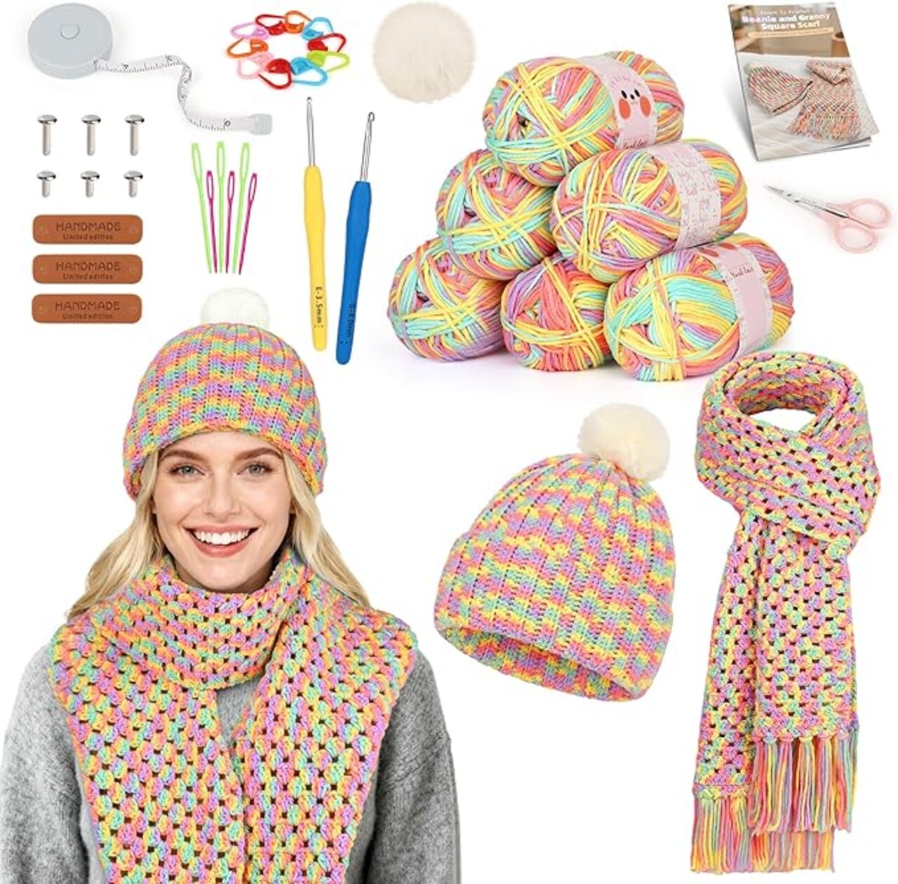 Crochet Kit for Beginners-Crochet Kit for Adults Learn to Crochet Granny Square Scarf Beanie Hat, Complete Set for Crocheting Scarf w/Step-by-Step Instructions 6 Blend Yarn-Macaron